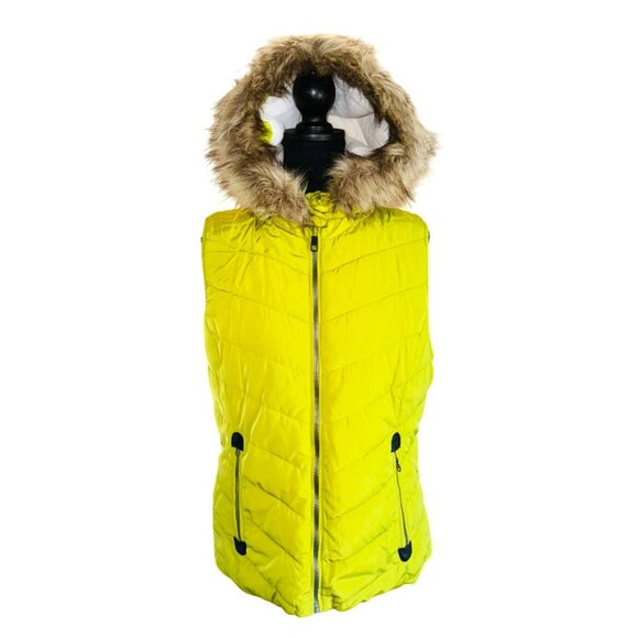 Green Tea Womens Avocado YelloPuffer Vest With Faux Fur Hood & Zip Pockets Size - Picture 1 of 12